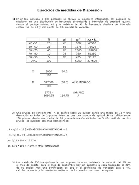 Ejercicios De Medidas De Dispersion 2 Dispersión Estadística Desviación Estándar