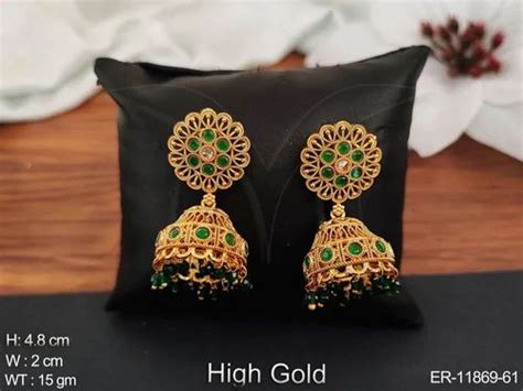 Green Party Wear Antique Jewelry High Gold Polish Antique Design Jhumka