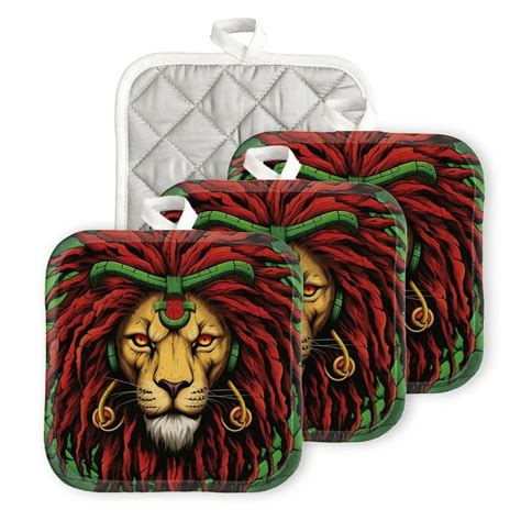 Bahomeck Pot Holder 4Pcs Rasta Lion With Dreadlocks And Green Headband Square Heat Resistant Hot