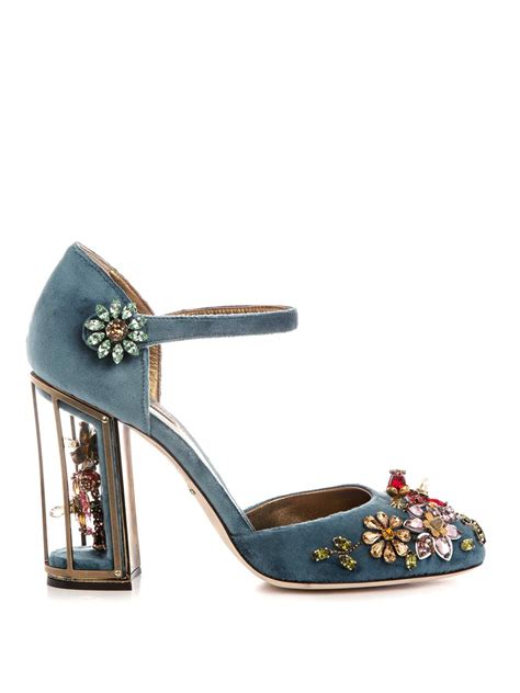 Lyst Dolce And Gabbana Embellished Velvet Cage Heel Pumps In Blue