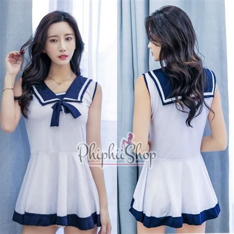 Jual PREMIUM Terusan Seragam Sailor Sekolah Jepang Model Dress Putih