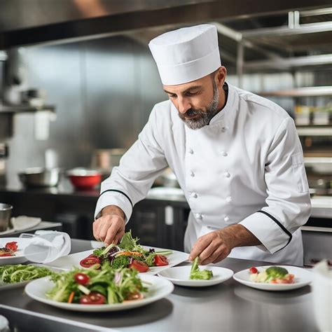 Chef Masculino Sirviendo Comida En Un Plato Mientras Trabaja En Una