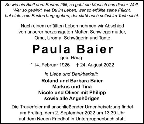 Traueranzeigen Von Paula Baier Trauerundgedenken De