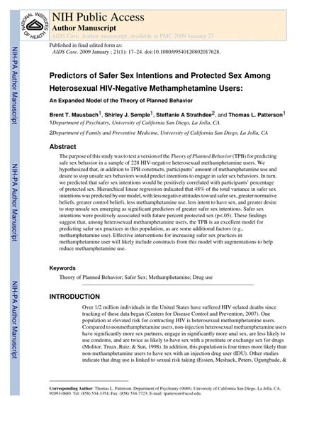 Pdf Predictors Of Safer Sex Intentions And Protected Sex Among