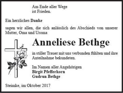 Traueranzeigen Von Anneliese Bethge Abschied Nehmen De