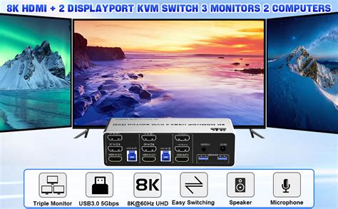 8k Hdmi 2 Displayport Kvm Switch 3 Monitors 2 Computers Usb 30 Kvm