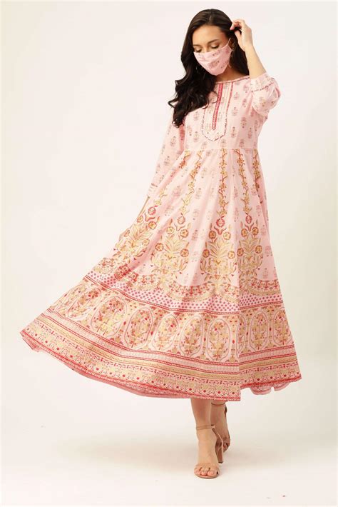 Pink And Golden Printed Pure Cotton Ethnic Maxi Dress Maaesa