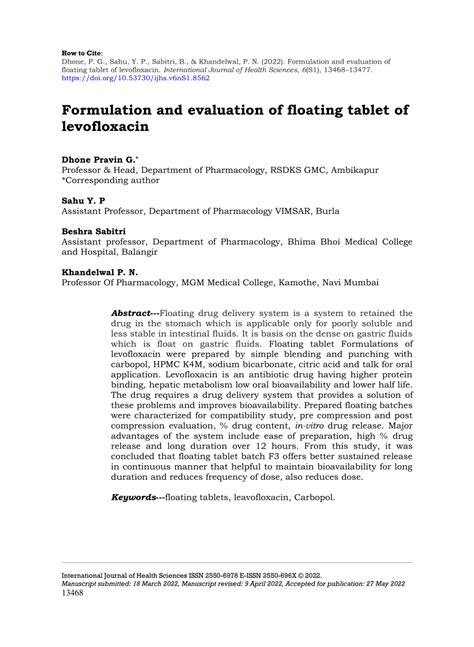 Pdf Formulation And Evaluation Of Floating Tablet Of Levofloxacin