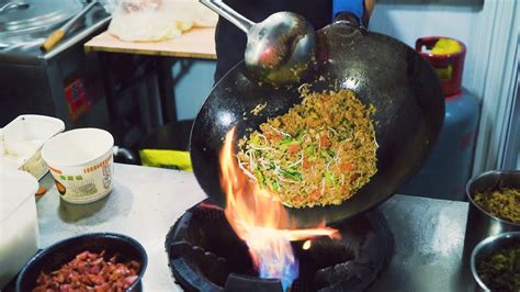 Chinese Street Food Wok Fried Rice With Eggs Fried Rice Noodles Egg Burritos Grilled Sausage