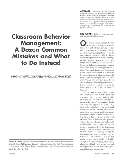 Fillable Online Classroom Behavior Management A Dozen Common Mistakes