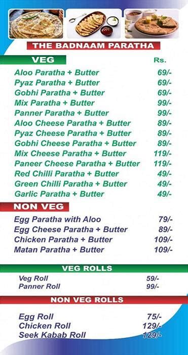 Menu Of The Badnaam Paratha Punjabi Bagh New Delhi