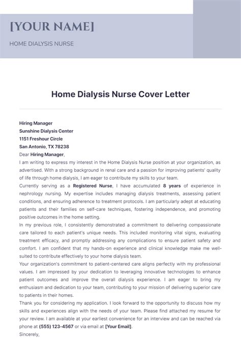 Free Home Dialysis Nurse Cover Letter Template to Edit Online