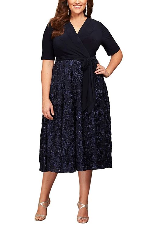 Plus Tea Length Lace And Jersey Cocktail Dress With Full Rosette Lace Sk