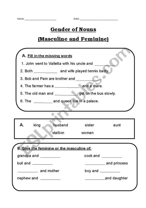 English Worksheets Gender Of Nouns