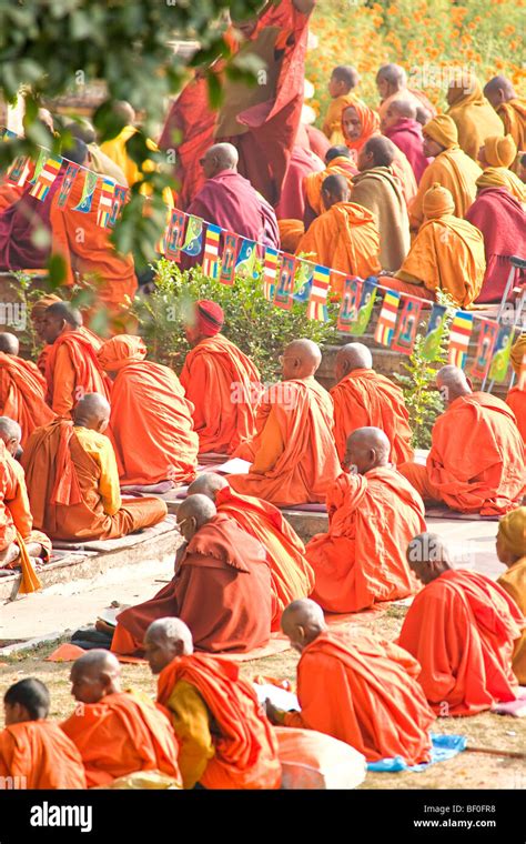 Monks Praying At Mahabodhi Temple In Bodhgaya Bihar India Stock Photo