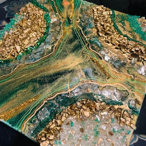 14 X 14 Greens And Golds Geode Crystal Epoxy Resin Pour Wall Etsy