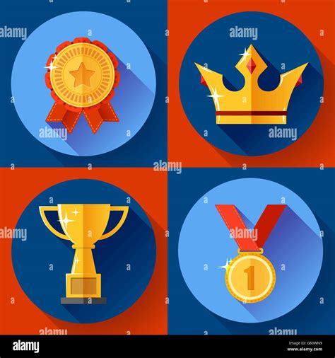 Icon Set Golden Victory Symbols Champion Cup Crown Medal Badge Flat