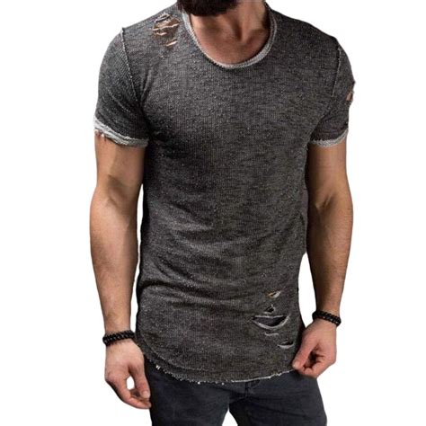 Mens Muscle Short Sleeve Ripped T Shirt Casual Pullover Slim Fit Tee