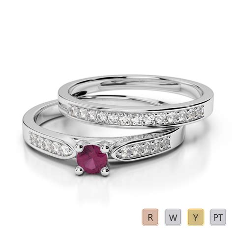 Gold Platinum Round Cut Ruby And Diamond Bridal Set Ring Agdr 1054