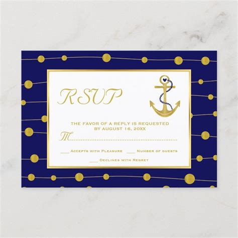 Gold Anchor Beads Navy Blue Nautical Wedding RSVP Card Zazzle