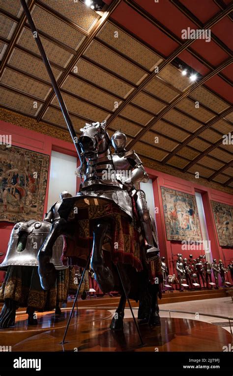 A vertical closeup of the royal armory inside the Royal Palace of ...