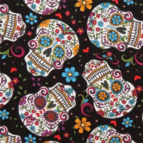 Tissu T Tes De Mort Et Fleurs Black Flower Skull Fabric Folkloric