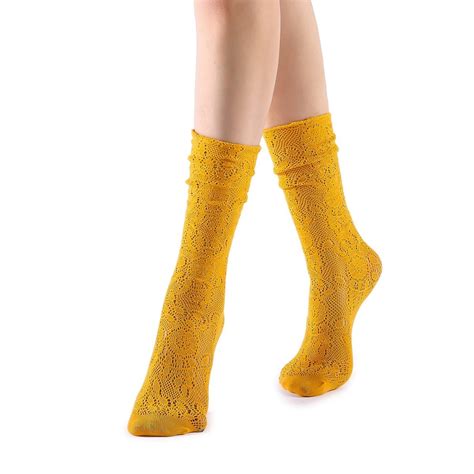 Lola Lace Womens Crew Sock Sheer Nylon Yellow Sock Season