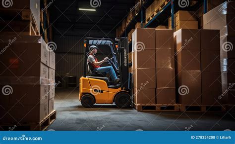 Warehouse Workers Operating An Industrial Forklift To Move Boxes With