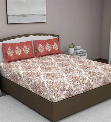 Buy Brown Floral 210 Tc Cotton King Sized Bed Sheets With 2 Pillow