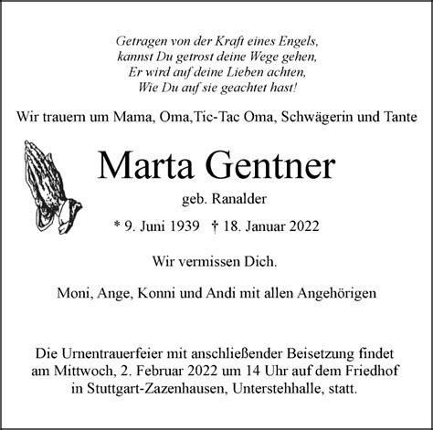 Traueranzeigen Von Marta Gentner Stuttgart Gedenkt De