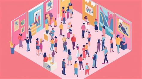 isometric illustration   crowded art gallery  people viewing