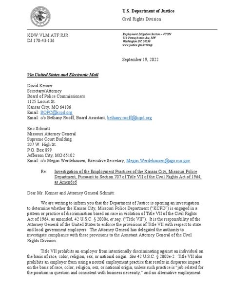 Doj Letter On Kansas City Police Employment Investigation Pdf Civil