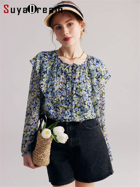 Suyadream Women Floral Blouses Real Silk Ruffles Round Collar