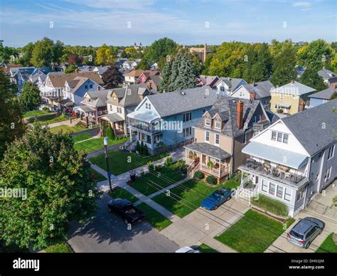 Looking down from above at a residential area of South Buffalo New York ...