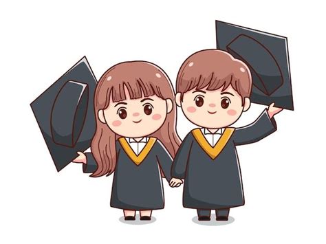 Premium Vector Happy Couple Graduation Boy And Girl Holding Hand Cute Kawaii Chibi Cartoon