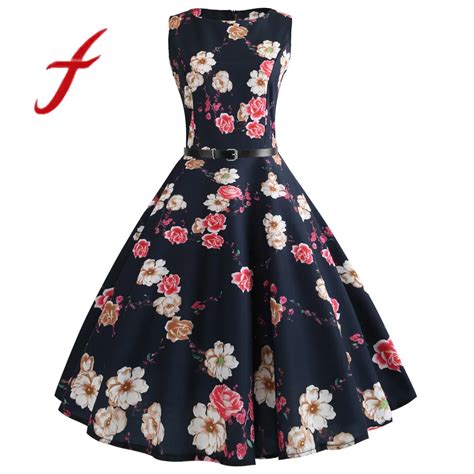 Feitong Vintage 60s Women Dress Sexy Sleeveless O Neck Evening Floral