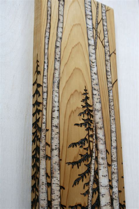 Birch Trees Art Block Wood Burning Etsy