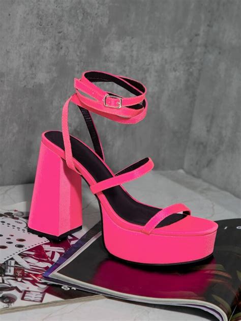 Women Double Strap Chunky Heeled Sandals Funky Hot Pink Lycra Ankle Strap Sandals Shein Usa