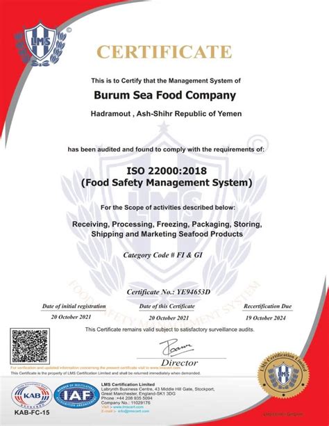 Certificates Burum Sea Food Company