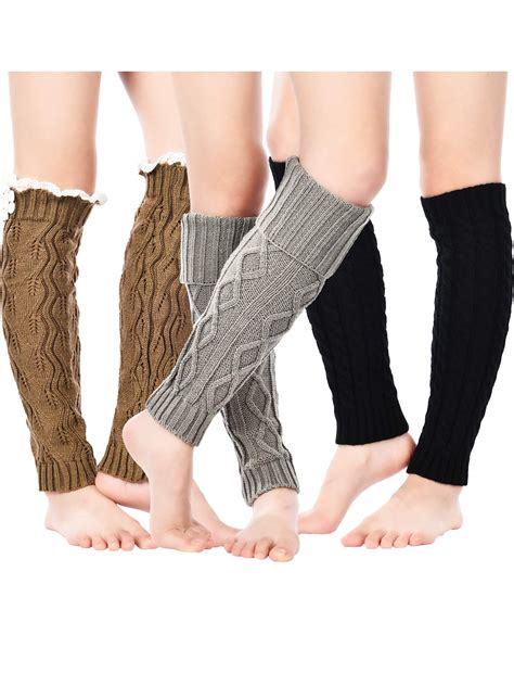 Pangda 3 Pairs Women Knit Leg Warmers Cable Knit Long Socks Lace Trim