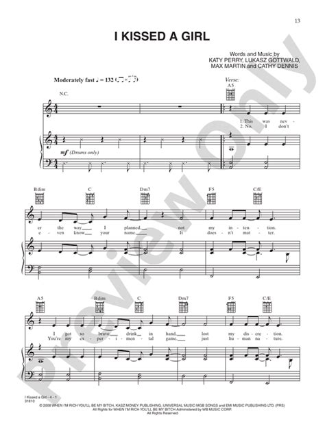 I Kissed a Girl: Piano/Vocal/Chords: Katy Perry - Digital Sheet Music ...