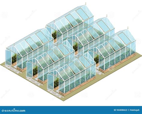 Isometric Greenhouse Farm With Glass Walls And Foundations Stock