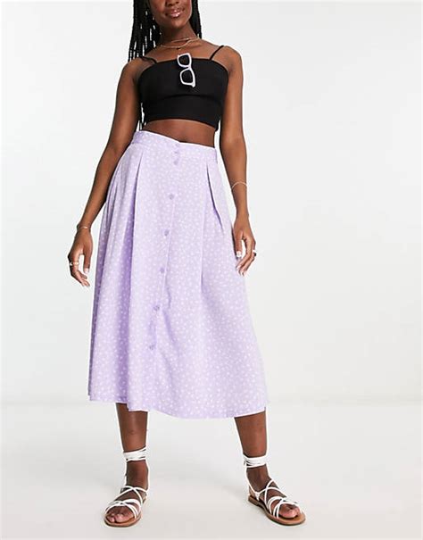 Monki Button Through Midi Skirt In Lilac Ditsy Asos