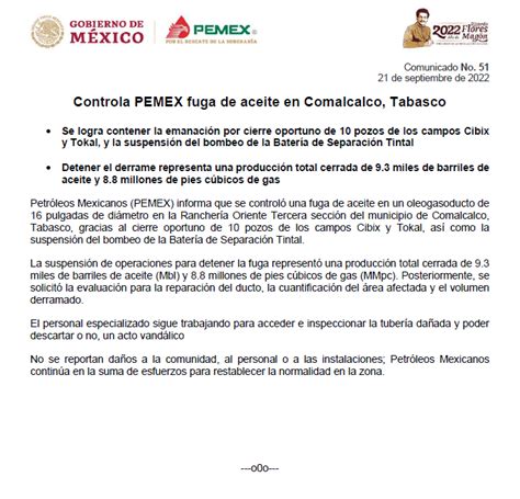 SPR Informa on Twitter Nacional PEMEX controló una fuga de aceite