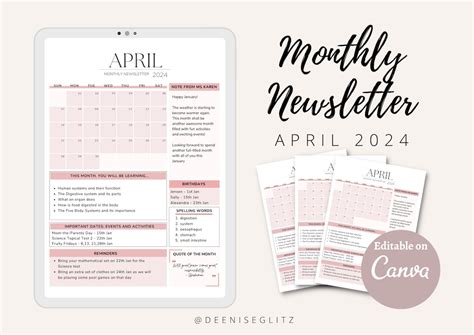 APRIL 2024 Monthly Newsletter Template Classroom Newsletter School