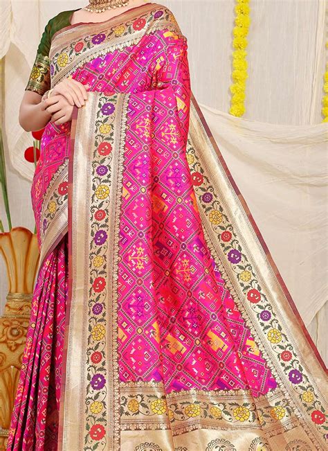 Buy Pink Color Patola Silk With Zari Weaving Work Saree Party Wear Online At Best Price Cbazaar