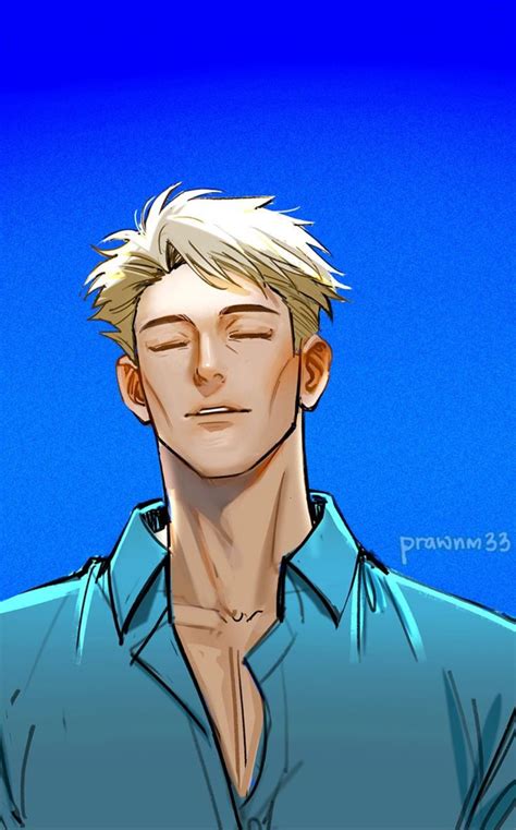 A Drawing Of A Man With Blonde Hair And Blue Shirt Looking To His Left Side