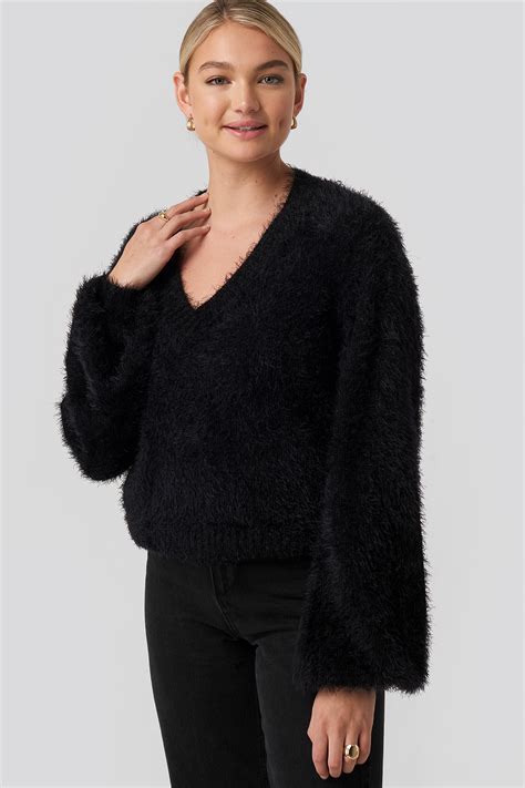 Hairy Deep V Neck Sweater Black Na Kd