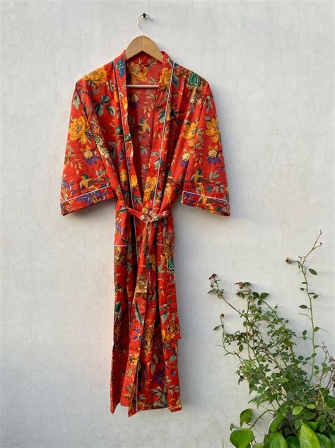 Cotton Kimono Robe Dressing Gown Block Print Bridesmaid Robe Etsy