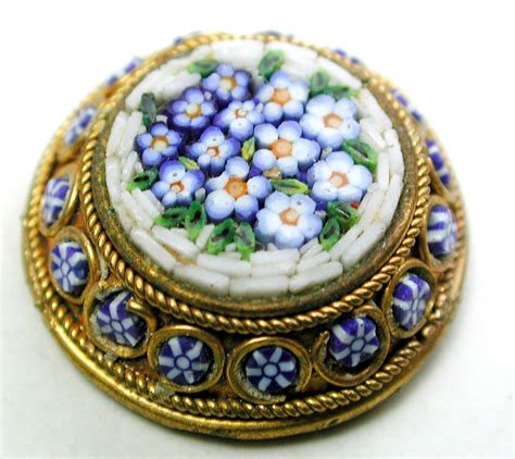 Antique Micro Mosaic Glass Button Gorgeous Flowers Design In Brass 5